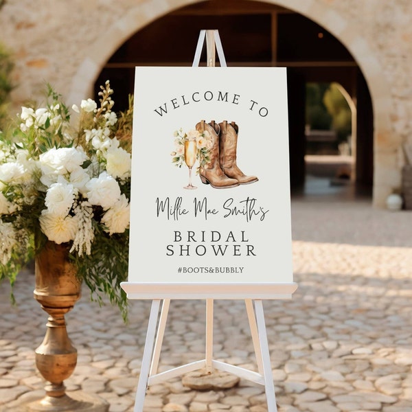 Boots And Bubbly Bridal Shower Sign, Instant Download | Bridal Shower Or Wedding | Champagne Theme Cowgirl Rustic Western Country Template