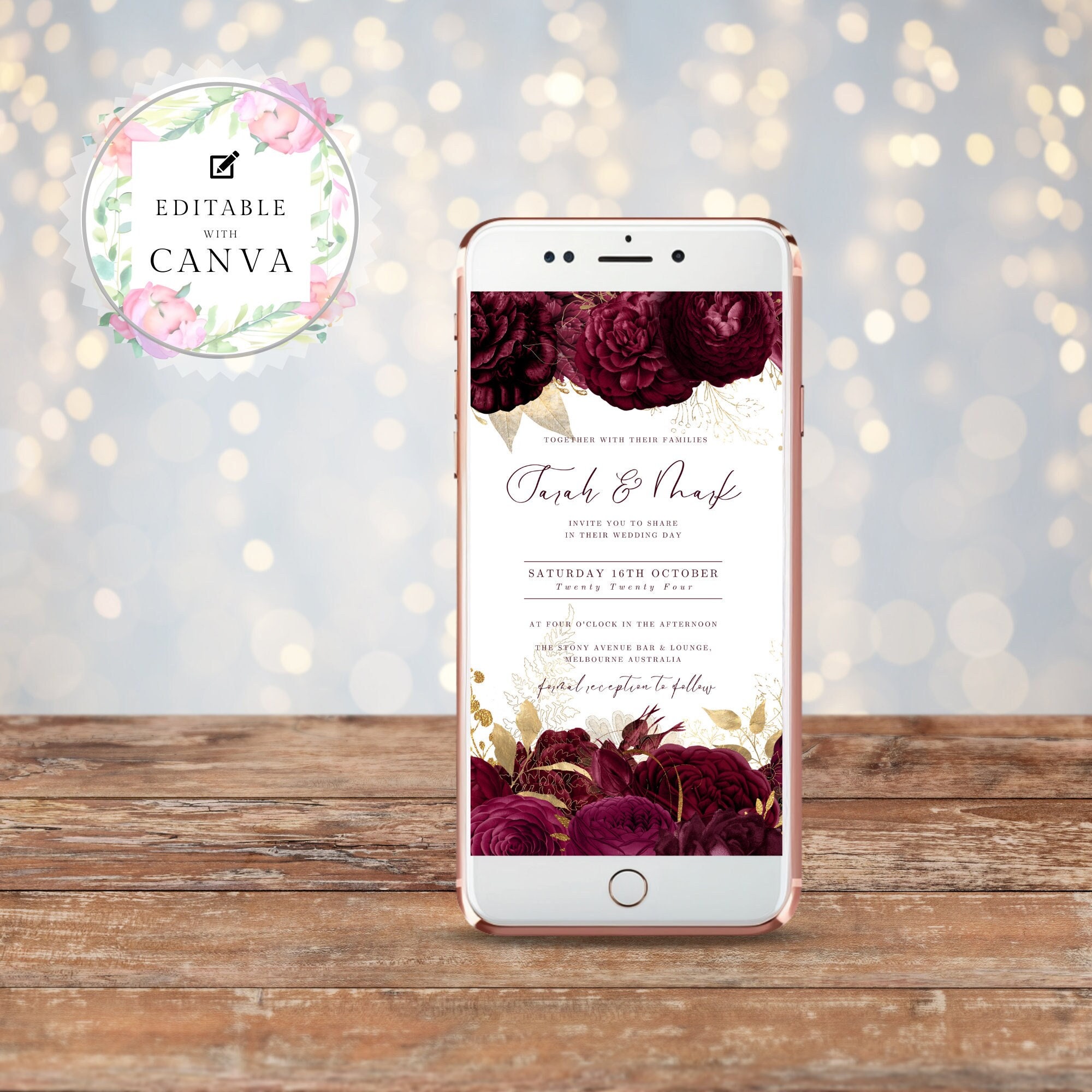 Burgundy and Gold Digital Wedding Invitation, Electronic Invite, Electronic Text Invite, Roses, Gold Wedding, Phone Invitation, Template