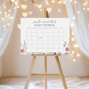 Wildblumen Babyparty Errate das Fälligkeitsdatum Zeichen, Kalender-Babypartyschild | Bearbeitbares Baby Shower Sign, Baby in Bloom Template, Canva