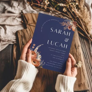 Terracotta And Navy Blue Wedding Invitation, Instant Download, Editable Burnt Orange And Navy Wedding Invite, Floral, Canva Template