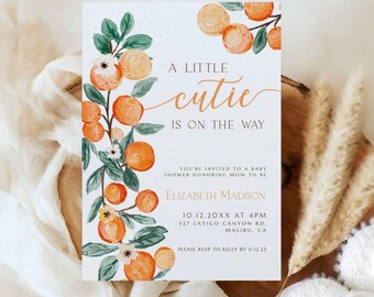 May include: Baby shower invitation with watercolor orange and green foliage. The text reads "A Little Cutie Is On The Way." Details include the mom-to-be's name, date, time, location, and RSVP information. The invitation is on a white background.