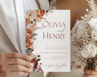 Floral Terracotta Wedding Invites, Terracotta Floral Wedding Invite, Terracotta Fall Wedding Invitation, Desert Wedding Invitation, TFWD