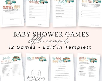 May include: A set of 12 printable baby shower games featuring a whimsical camper van design. The games include "Mommy's Belly", "Baby Predictions", "Wishes for Baby", "Guess the Baby Food", "Find the Guest Who", "Draw the Baby", "Who Knows Mommy Best?", and "What's in Your Phone??".
