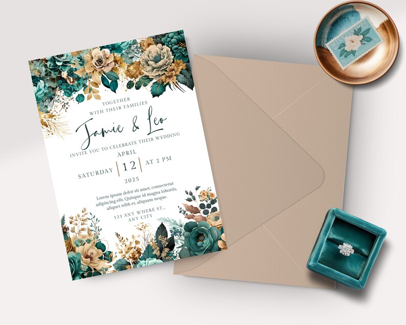 Teal &amp; Gold Wedding Invitations Edit in Canva, Teal and Gold Wedding ...