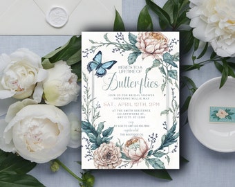 Butterfly Bridal Shower Invitation, Vintage Butterfly Watercolor, Bridal Shower Spring, Flower Bridal Shower Invite, Instant Download, Canva