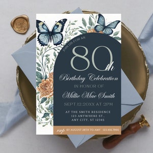 Download digitale dell'invito per la festa dell'80esimo compleanno, inviti per l'80esimo compleanno a sorpresa, invito con fiori di farfalla, donne per l'80esimo compleanno, Canva
