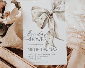 Pearl Bow Bridal Shower Invite - Bridal Brunch Invitation - Elegant Editable Template - Printable Invite - Bachelorette Party - Templett