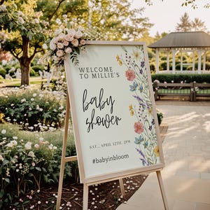 Baby in Bloom Willkommensschild Canva, bearbeitbare Canva Vorlage, Baby in Bloom Wildblumen Babyparty, druckbares Babypartyplakat, anpassbar