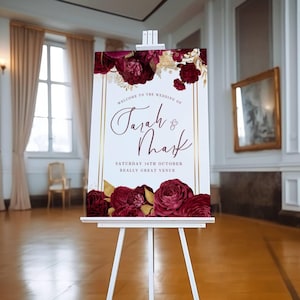 Wedding Welcome Sign, Burgundy and Gold, Wedding Welcome Sign Template, Canva Editable, Red Roses, Gold Accents, Elegant Wedding Decor DIY