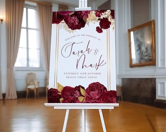 Wedding Welcome Sign, Burgundy and Gold, Wedding Welcome Sign Template, Canva Editable, Red Roses, Gold Accents, Elegant Wedding Decor DIY