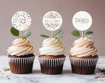 Love Is In Bloom Cupcake Toppers, Bridal Shower cupcake toppers, Editable in Canva, Wildflower Cupcake Toppers, Cupcake Picks, Printable