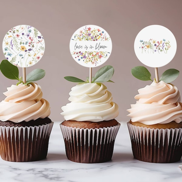 Love Is In Bloom Cupcake Toppers, Bridal Shower cupcake toppers, Editable in Canva, Wildflower Cupcake Toppers, Cupcake Picks, Printable