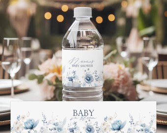 May include: Blue and white floral baby shower water bottle labels with the text "Baby Shower" and "Baby in Bloom".