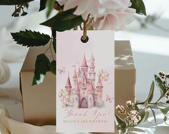 Pink Princess Thank You Tag, Editable Template | Princess Birthday Party Thank You Favor Tag | Mini Tag, Pink Castle, Royal Three, Templett