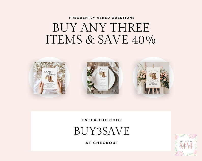 K&ouml;nnte beinhalten: Werbung mit dem Text "KAUFEN SIE DREI ARTIKEL UND SPAREN SIE 40%" in schwarzer Schrift. Darunter drei Bilder von Einladungen und Schildern mit Cowboy-Stiefel-Motiv. Der Text "GUTSCHEINCODE BUY3SAVE BEIM CHECKOUT EINGEBEN" wird ebenfalls angezeigt.