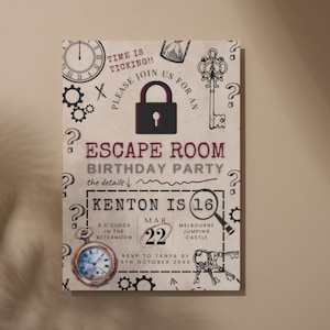 Escape Room Birthday Invite, Escape Room Printable Invitations | Digital Neon Invite | Mystery Birthday Party | Detective Party, Canva