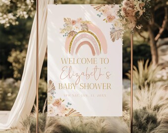 Puede incluir: Un cartel de bienvenida blanco con un arcoíris rosa y dorado, detalles florales y el texto "Bienvenido a la fiesta de bienvenida de Elizabeth 1 PM SÁB, ENE 11, 20XX".