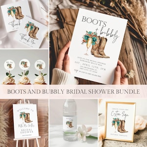 Boots And Bubbly Wedding Shower Bundle, Boots and Bubbly Bridal Shower Invitation Bundle | Printable Games, Canva Template, Turquoise & Rust
