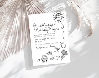 Hand Drawn Wedding Invitation Disco, Editable - Whimsical Sketch - Customizable Template, Templett,  Disco Theme, Disco Ball, hdwd1