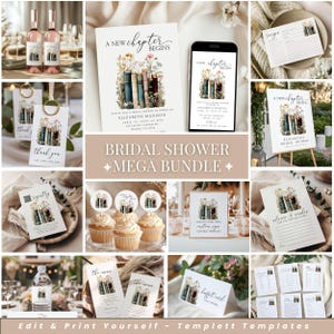 Puede incluir: Un collage de artículos de papelería y decoración para una despedida de soltera. Incluye invitaciones, letreros, etiquetas, adornos para cupcakes y botellas de vino. El diseño presenta detalles florales y una pila de libros. El texto "A New Chapter Begins" es visible.