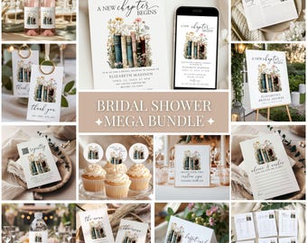 May include: A collage of bridal shower stationery and decor items. Includes invitations, signage, tags, cupcake toppers, and wine bottles. The design features floral accents and a stack of books. The text "A New Chapter Begins" is visible.