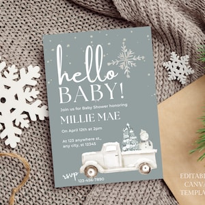 Winter Baby Shower Invitation Truck, Winter Baby Shower Invitation, Instant Download, Winter Wonderland Baby Shower, Editable Canva Template