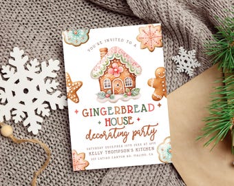 May include: A gingerbread house decorating party invitation with a watercolor illustration of a gingerbread house, gingerbread man, and snowflakes. The invitation includes the text "You're invited to a Gingerbread House decorating party" and details about the party, including the date, time, and location.