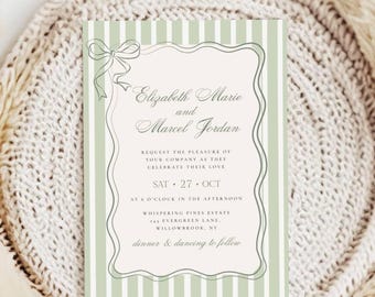 Invitación de boda con rayas verdes (editar en Templett), plantilla de invitación de boda vintage retro verde salvia, personalizable, invitación con lazo verde salvia