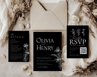 Wedding Invitation Suite Template Black And White - QR Code RSVP Card Insert - Wedding Details Card - Printable Invitation - Templett -bwwd