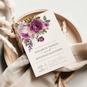 Paarse bloemenhuwelijksuitnodiging - felpaarse bruiloftsuitnodiging - personaliseer je uitnodiging - afdrukbare uitnodiging - bewerken in Templett - dpfw