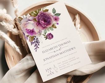 Purple Floral Wedding Invitation - Bright Purple Wedding Invite - Personalize Your Invite - Printable Invitation - Edit in Templett - dpfw