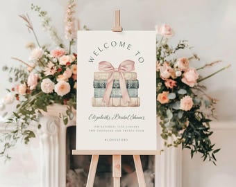 Book Theme Bridal Shower Welcome Sign - Love Story Bridal Shower - Pink Bow - Downloadable Template - Vintage Book Stack - Templett - lsbs1