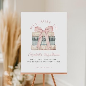 A New Chapter Begins Pink Baby Shower Welcome Sign - Girls Books Welcome Sign Template - Baby Shower Poster - Instant Download - Templett