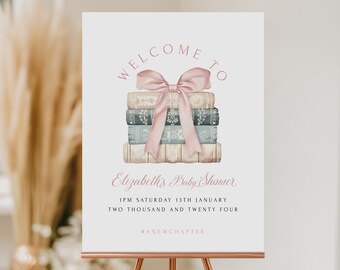 Nowy rozdział się zaczyna. Różowy znak powitalny na baby shower – Szablon znaku powitalnego dla dziewcząt – Plakat na baby shower – Pobierz natychmiast – Templett