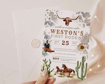 1st Birthday Invitations Boy Rodeo, Boy Cowboy Birthday Invitation | Editable Template | Western Invite,  First Rodeo Invitation Template