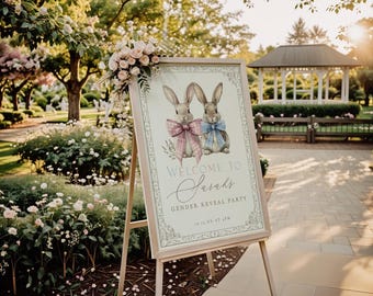 Bunny Rabbit Gender Reveal Welcome Sign, Editable Easter Template, Spring  Baby Shower Decor, Templett-  brgr