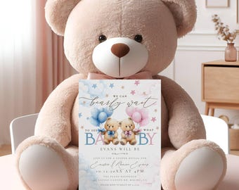 We Can Bearly Wait Gender Reveal Invitation, Teddy Bear Gender Reveal Invite, Watercolor Bear Balloon, Pink Blue, Editable Template