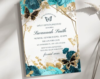 Turkoois en goud Sweet 16 uitnodigen, Marokkaanse Sweet Sixteen uitnodiging, Instant Download, Mis Quince, afdrukbaar bestand | Indische Partij