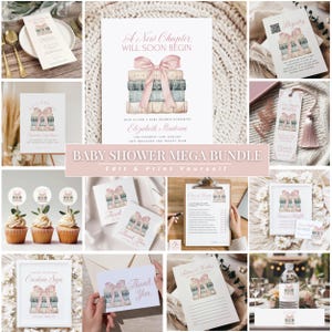 Book Theme Baby Shower Bundle, A New Chapter Begins, Storybook Baby Shower Bundle, Pink Bow and Bookstack, for Girls, Editable in Templett