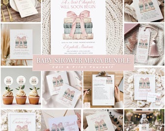Book Theme Baby Shower Bundle, A New Chapter Begins, Storybook Baby Shower Bundle, Pink Bow and Bookstack, for Girls, Editable in Templett