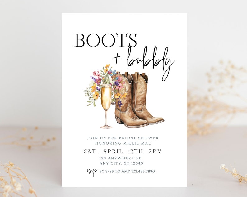 boots and bubbly wildflower bridal shower invitation, boho, western, cowboy