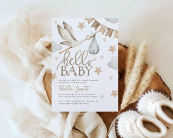 Invitations baby shower cigognes en téléchargement numérique, baby shower neutre, modèle de baby shower Bonjour, modifiable en Templett, sexe neutre, tsbs1
