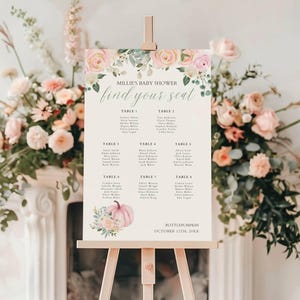 Babyshower roze pompoen, herfstbabyshower, babyshower meisjes, babyshower meisjes, roze herfstshow, bloemen, tafelschikking, 3 maten inbegrepen, PP2, canva