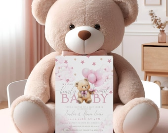 Nous pouvons Bearly attendre fille d'invitation de baby shower, invitation de baby shower d'ours en peluche, invitation d'ours rose, ours aquarelle, modèle modifiable, wcbw02