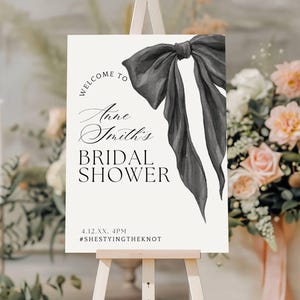 Black Bow Bridal Shower Sign, Coquette Bridal Shower Welcome Poster, Welcome Sign Template, Heart Shower Welcome Sign, Canva Template