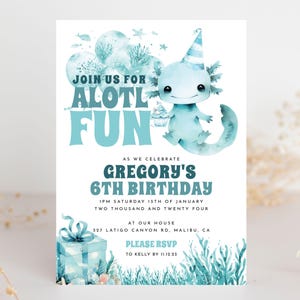Axolotl Birthday Invitation Blue - Edit in Templett - Customizable Boys Axolotl Party Invite - Fun Under the Sea - Digital Template - abib1