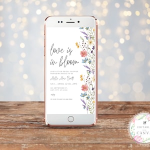 Wedding Shower Invites Love Is In Bloom, Printable Bridal Shower Invitation | Floral Love In Bloom Template | Modern Bridal Invite, Canva