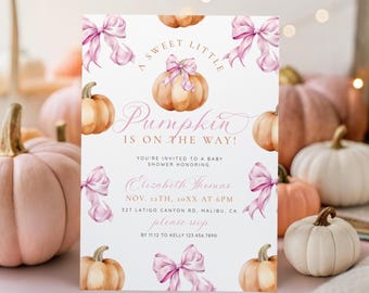 Pink Bow A Little Pumpkin Baby Shower Invitation, Editable Fall Floral Design, Digital Download for Girls - 091