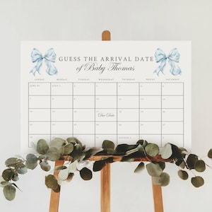Blue Bow Baby Shower Guess the Due Date Sign, Calendar Baby Shower Sign | Editable Baby Shower Sign, Editable in Templett - Coquette Bow