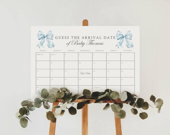 Blue Bow Baby Shower Guess the Due Date Sign, Calendar Baby Shower Sign | Editable Baby Shower Sign, Editable in Templett - Coquette Bow